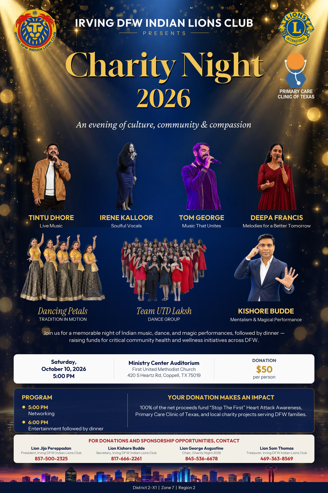Charity Night 2026 poster — Irving DFW Indian Lions Club, October 10, 2026 at Ministry Center Auditorium, Coppell
