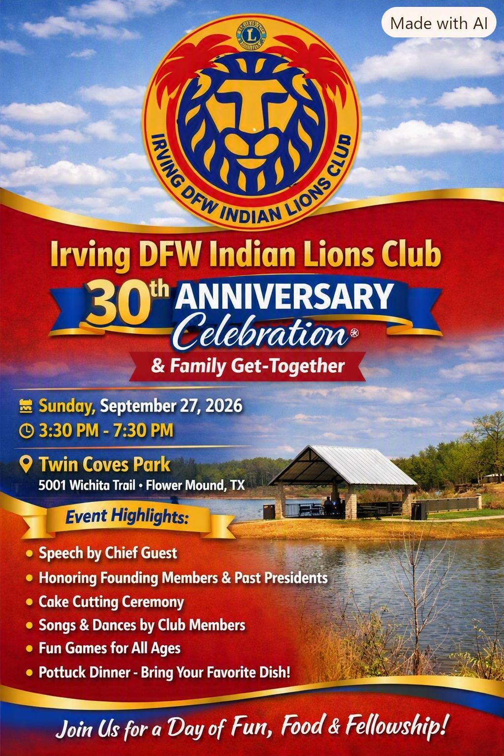Irving DFW Indian Lions Club 30th Anniversary Celebration and Family Get-Together poster — Sunday, September 27, 2026, 3:30 to 7:30 PM at Twin Coves Park, Flower Mound, Texas